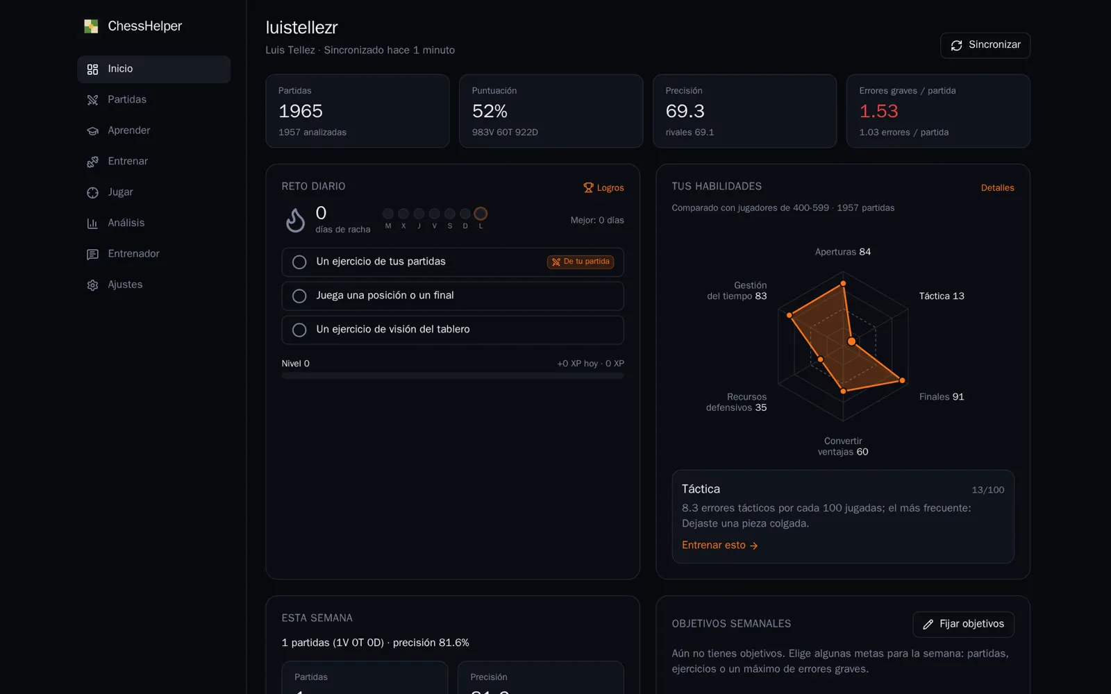 Dashboard with games, score, accuracy, a daily challenge and a skills radar chart