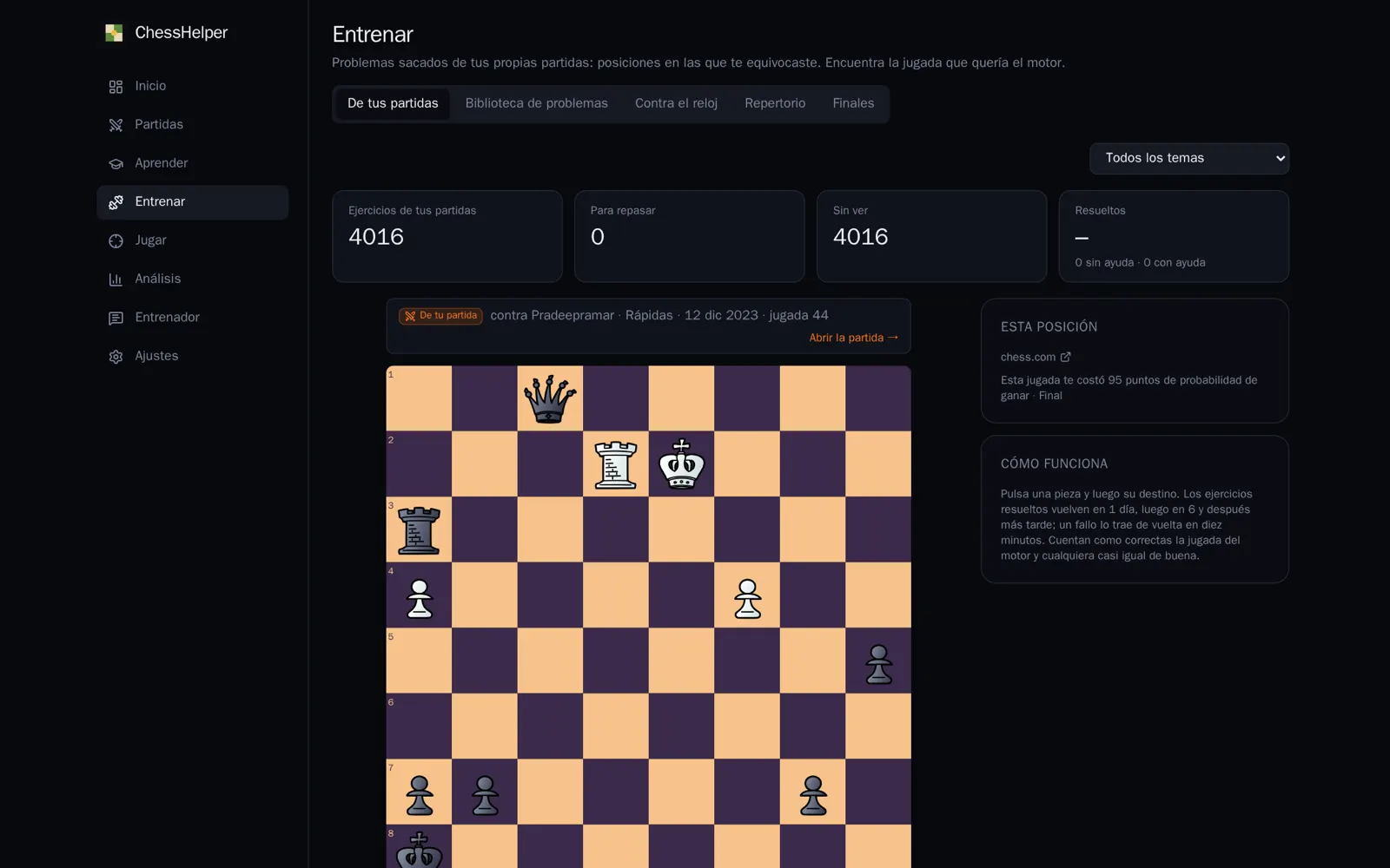 Training page with a puzzle taken from one of the player's own games