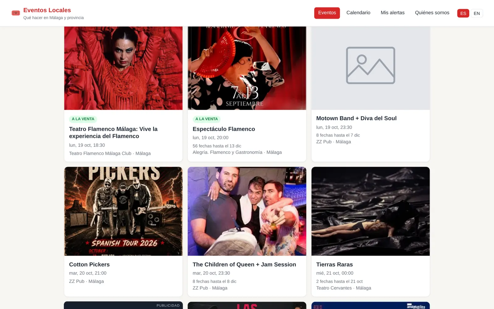 Event listing for Málaga: flamenco, rock and tribute shows with dates and venues
