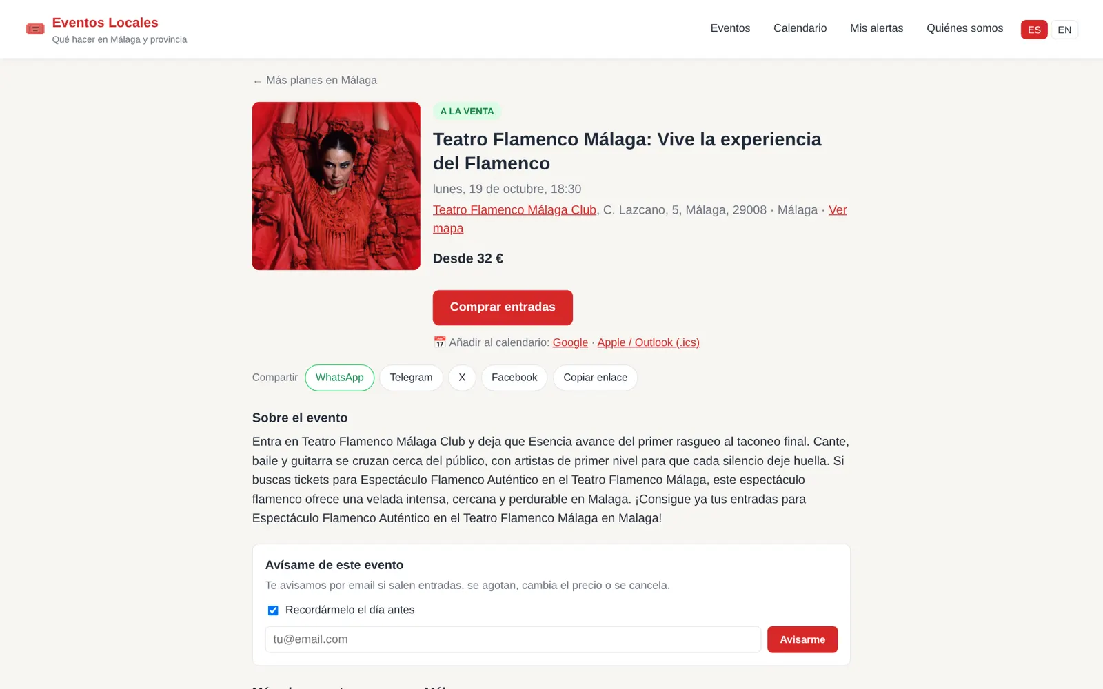 Event page with poster, date, venue, price, ticket button, share buttons and an alert box