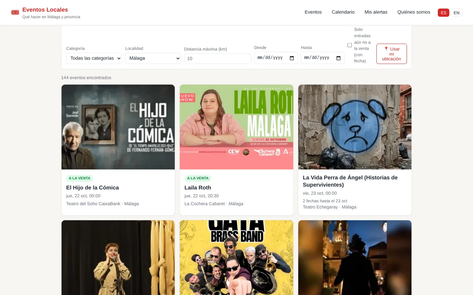 Stand-up comedy landing page listing 144 events in Málaga