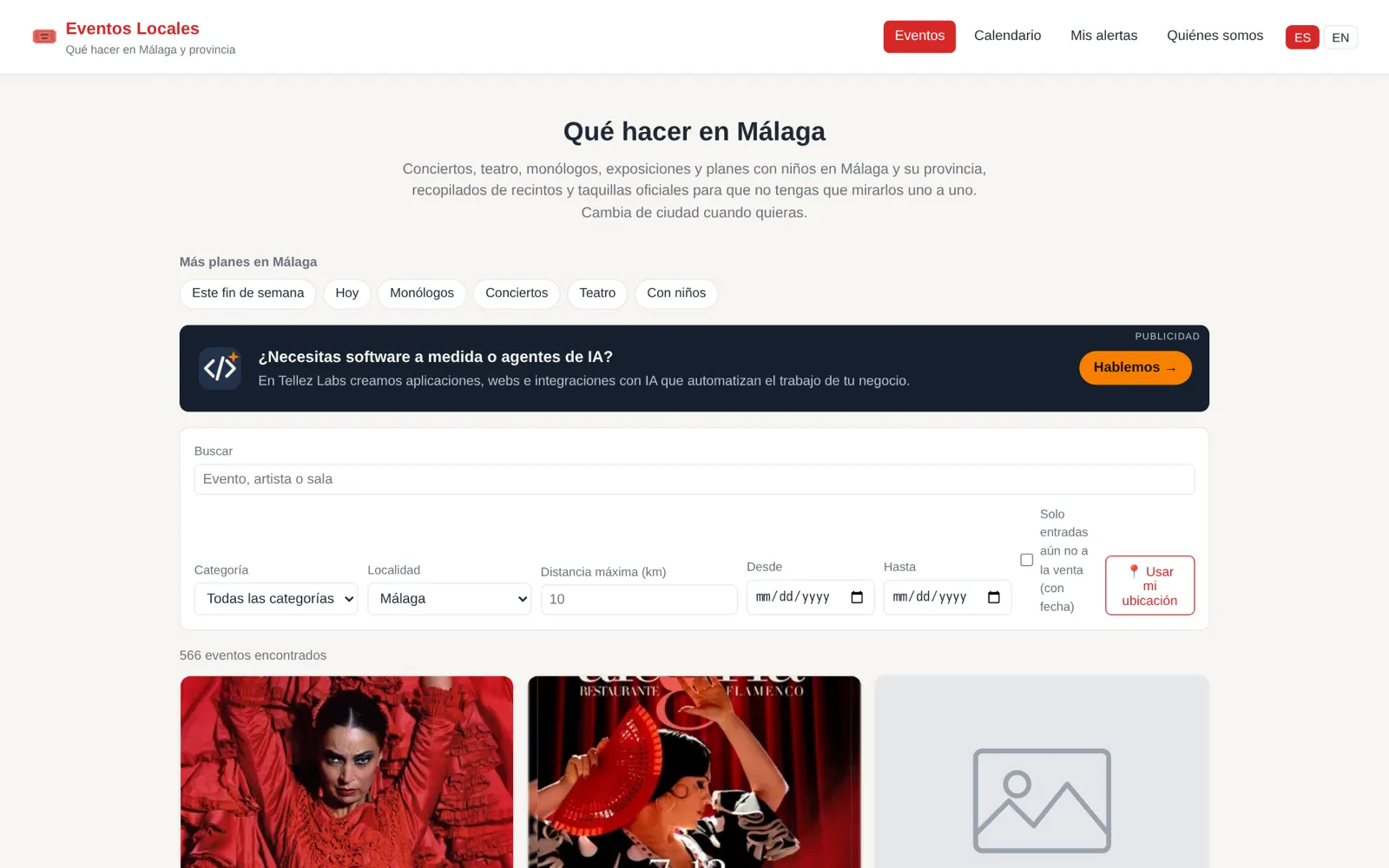 Home page with topic links, search filters and event cards