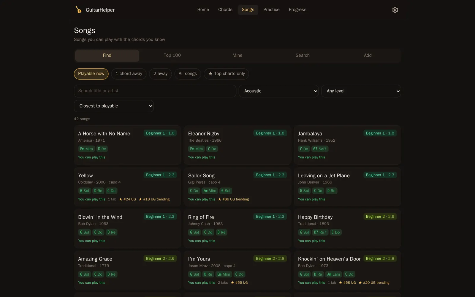 Song finder showing songs playable with the chords the user knows, with difficulty levels