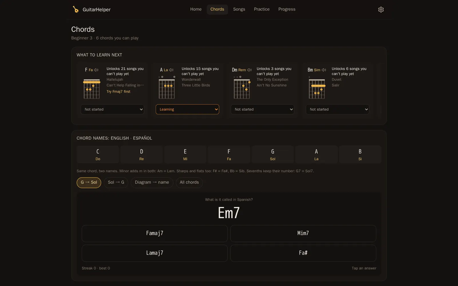 Chords page suggesting F, A, Dm and Bm by how many songs each unlocks, and an English to Spanish chord name quiz