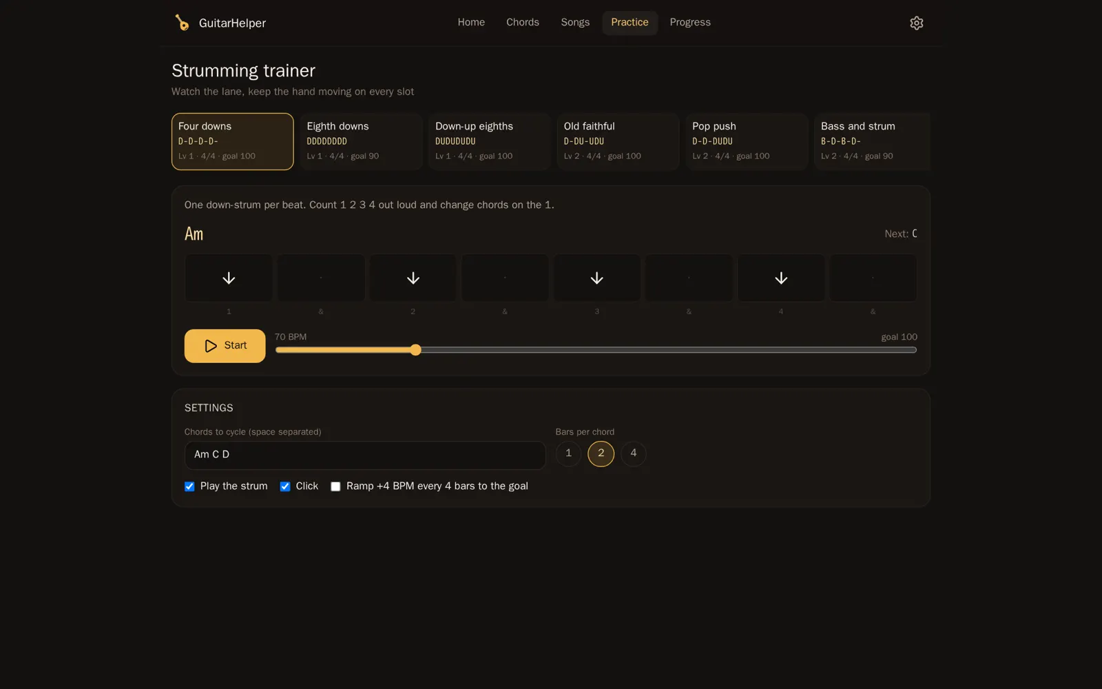 Strumming trainer with patterns, a beat lane, tempo slider and chord cycle settings